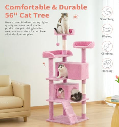 Made4Pets Cat Tree Tower 56" Cat Tower for Indoor Cats Kitten Tree Multi-Level Cat Tree with 2 Condo Furniture Activity Center with Scratching Posts Funny Toys (Pink) - color: Pink
