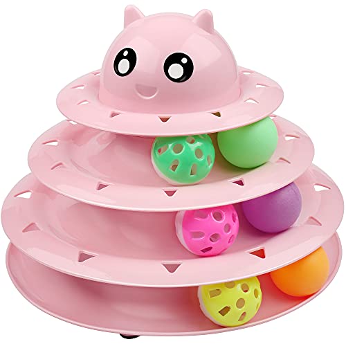UPSKY Cat Toy Roller 3-Level Turntable Cat Toy Balls with Six Colorful Balls Interactive Kitten Fun Mental Physical Exercise Puzzle Toys - color: A-Pink
