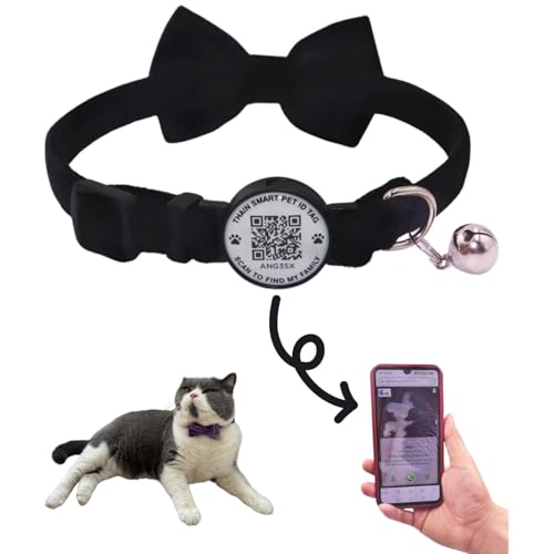 THAIN Personalized Cat Collar with Bell and Bowtie Breakaway QR Code Name Smart ID tag Quick Release Soft Comfortable Collar for Cats and Kittens (Black) - color: Black
