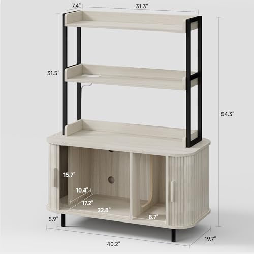 ONBRILL 54 Inch Hidden Litter Box Furniture with Shelves and Outlets,Fluted Cat Litter Box Enclosure, Mid-Century Modern Wooden Cat House with Sliding Tambour Door and Hooks, White - color: White