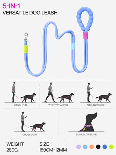 Hands Free Dog Leash, 5-in-1 Adjustable Waist Training Leash for Walking& Hiking – Dual Lead Rope with Padded Handle,MGBR Rotating Metal Clip - color: Classic-Light Blue-5Ft