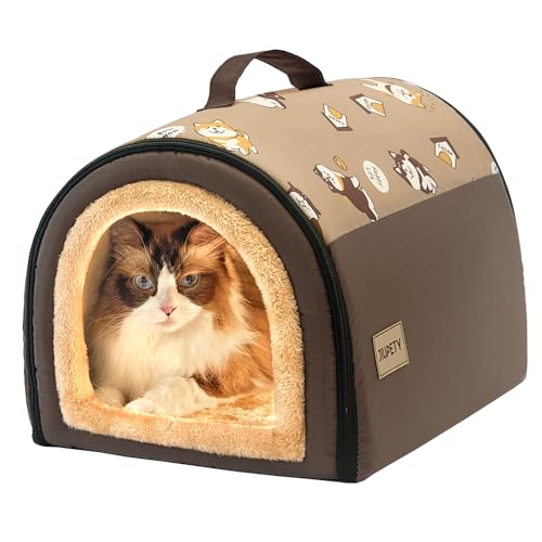 Jiupety Indoor Dog House, 2 in 1 Portable Foldable House Bed with Cover, Pet Tent & Cave Bed for Cats and Small Dogs, M(17"×14"×13"), Up to 9 Lb, Brown - style: M
