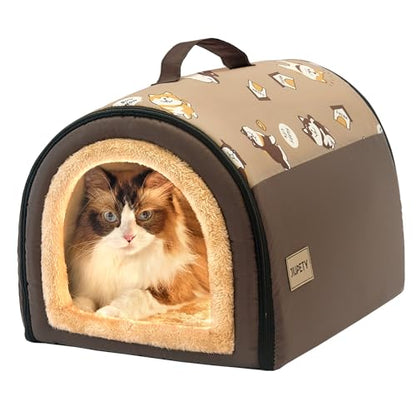 Jiupety Indoor Dog House, 2 in 1 Portable Foldable House Bed with Cover, Pet Tent & Cave Bed for Cats and Small Dogs, M(17"×14"×13"), Up to 9 Lb, Brown - style: M