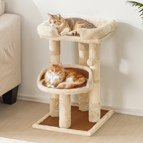 Multi-Level Cat Tower with Scratching Posts, Cat Tree with Double Cat Bed & Hanging Toys, Cute Climbing Tower with Sisal Scratcher for Kittens & Adult Cats, Cream White - color: Cream White