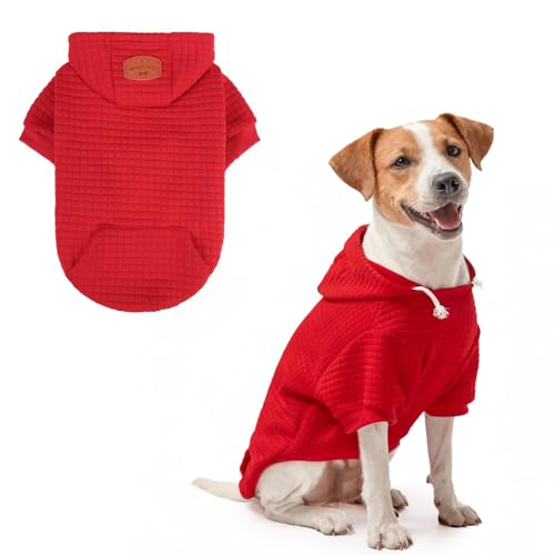 BEAUTYZOO Dog Hoodie with Leash Hole and Pocket,Dog Sweaters for Small Medium Large Dogs Boys Girls,Waffle-Like Laminated Cotton Warm Outfits for French Bulldogs, Pitbull, Winter Puppy Clothes Jacket - color: Red, size: S (Back: 12",Chest: 16", Neck: 10")