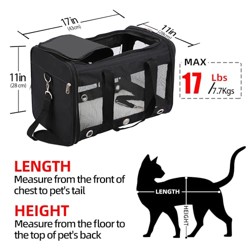 Soft Sided Cat/Dog Carrier,Collapsible Pets Travel Carriers for Pet/Puppy with Shoulder Strap & Removable Mat,Mesh Top Load Small Dogs/Cats Carry Bag Up to 17 Lbs TSA Airline Approved（Black,M） - size: M Black