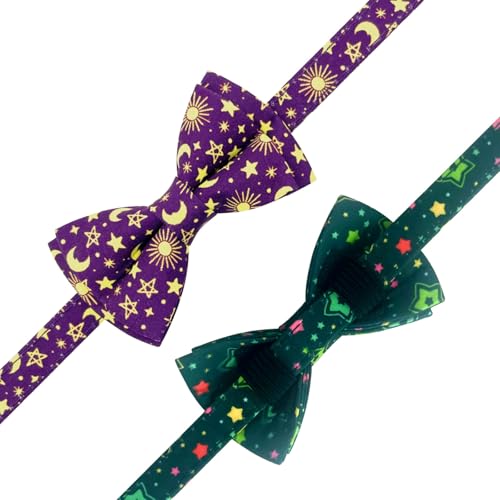 2 Pack Cotton Cat Collar with Bow Tie and Bell for Girl Boy Cats,Cute Pink Flamingo and Blue Whale Pattern Spring Summer Breakaway Cat Collar for Male Female Cats (Star&Moon) - color: Star&Moon