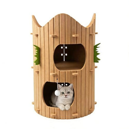 2-Tier Felt Cat House Thickened Felt Cat Cave House with Hanging Toy Ball, Enclosed Sleeping Nest for Cats, Indoor Pet Rest & Play Hut (Brown)