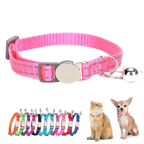 Pink Reflective Cat Collar with Bell, Breakaway Kitten Collar with Bell Safety Soft Nylon Break Away Female Puppy Collar with Bells for XXS Xs Small Tiny Little Girl Pet Dogs, Neck 7-11 inch - color: Pink