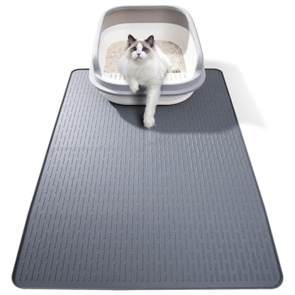 Silicone Cat Litter Mat, 34x22 in Waterproof Litter Box Mat Cats Feeding Mats with Raised Edges, Quick Clean Desig (Grey) - size: 34"L x 22"W