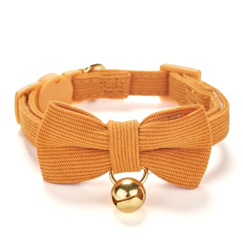 Soft Corduroy Cat Collar with Bell and Bowtie, Safety Breakaway Clasp, Adjustable for Kitten and Cats Orange Color. - color: Orange