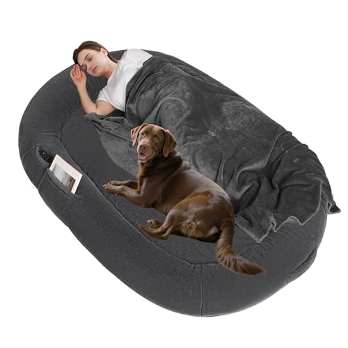 Human Dog Bed with Blanket, 71"x47.2"x9" Extra Large Fits Adult & Pets, Reversible Orthopedic Gel Memory Foam Cushion, Washable Faux Rabbit Fur, Plump Edge, Storage Pocket, Black Grey - color: Black Grey, size: 71.0"L x 47.2"W x 9.0"H