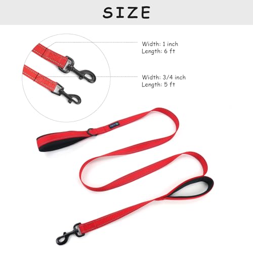Wagtime Club Double Handle Dog Leash, 6ft Long Heavy Duty Dog Leash with Paded Traffic Handles for Extral Control and Training, Dual Handles Leads, Large Medium Small Dogs (Reflective Carnation Red) - color: Reflective Carnation Red