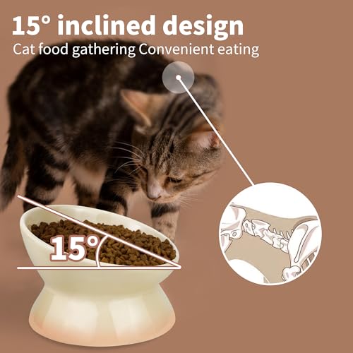 Cat Bowl Elevated Cat Bowls Whisker Friendly Cute Ceramic Tilted Food Bowls for Indoor Cats 6.1 Inch Wide 15° Raised Kitten Supplies Dishwasher and Microwave Safe Yellow Cats Water Bowl - color: Yellow Ceramic Elevated Cat Bowls