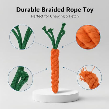 Handmade Braided Carrot Shape Chew Toy, Orange with Green Leaves, 8.66 Inch Length, Durable Pet Dental Toy, (1 Piece Set)