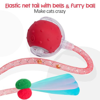 Interactive Cat Toys Ball for Indoor Cats, 2025 New Generation Automatic Moving Ball Toy with Elastic Mesh Tail, Chirping & Obstacle Avoidance and Motion Activated, Red【Rechargeable】 - color: Red