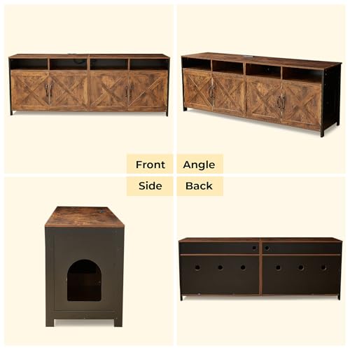 Double Cat Litter Box Enclosure for 2 Cats, 63" Hidden Litter Box Furniture with Outlet Power, Farmhouse Large Litter Box Cabinet TV Stand, 63 x 17.7 x 23.6 in, Black Brown