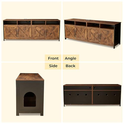 Double Cat Litter Box Enclosure for 2 Cats, 63" Hidden Litter Box Furniture with Outlet Power, Farmhouse Large Litter Box Cabinet TV Stand, 63 x 17.7 x 23.6 in, Black Brown