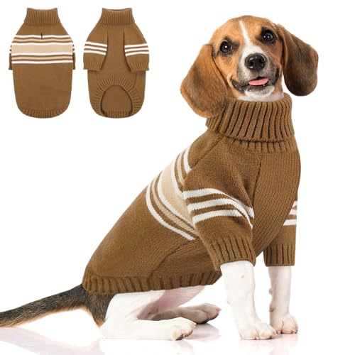 Queenmore Dog Striped Knitted Sweater, Turtleneck Pullover Pet Coat, Dog Winter Clothes with Leash Hole for Small Medium &Large Dogs(Brown,L) - color: Brown, size: Large