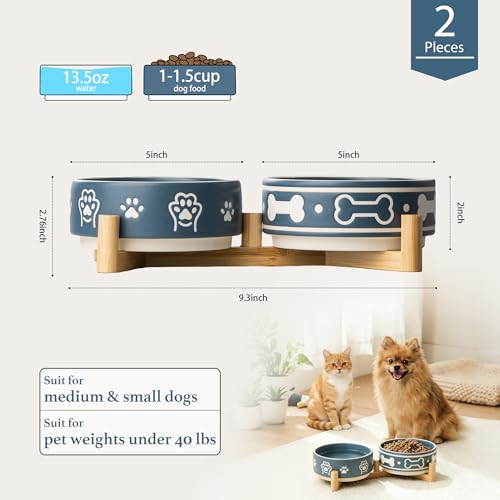 Dafuceramic Dog Bowls Set with Stand, 1.5 Cups Ceramic Puppy Bowls for Dogs, Dual Dog Food and Water Bowls with Bone Pattern,Weighted Non-Slip Base (S-1.5 Cups)
