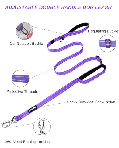 AUBELL Double Handle Tactical Dog Leash Heavy Duty for Small and Medium Large Dogs,Reflective Adjustable Nylon Leash that Pull with Car Seatbelt for Training,4.5-6FT,Purple - color: No bungee-Purple(4.5-6FT)
