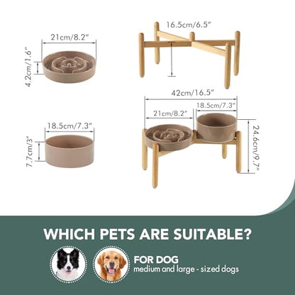 Havniva 8.2” Raised Slow Feeder Dog Bowls Set, 1.6 Cups Ceramic Slow Feeder Dog Bowl and 7.3” Dog Water Bowl with Elevated Wooden Stand Puzzle Dog Food Bowl for Medium Dogs Anti-Gulping & Anti-Choking - color: 2 x Brown Coffee+Stand-A, size: 8.2inch