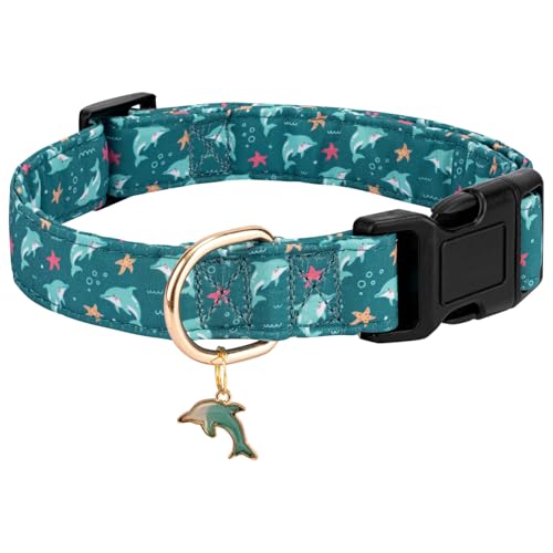 Personalized Dog Collars,Adjustable Puppy Collars with Safety Buckle for Small Medium Large Dogs,Cute and Unique Pink Cherry Pattern Pet Collar for Boy Girl Dogs. (Green Dolphin, S) - color: Green Dolphin, size: S