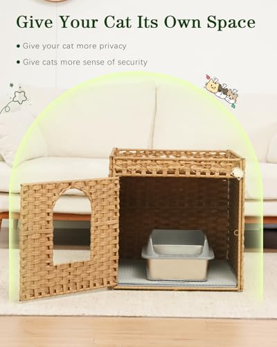 SETVSON Cat Litter Box Enclosure Furniture, Large Hidden Litter Box Furniture, Handwoven Rattan Cat House Cabinet, One Mat, Two S-Shaped Hooks, Living Room, Apartment 21.6 X 26 X 21.6 Inches, Natural - color: Natural, size: XL