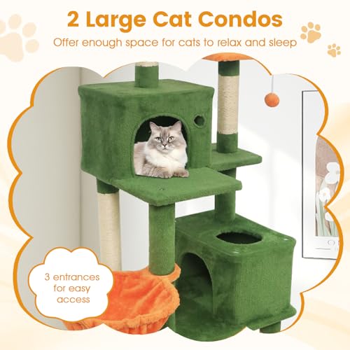 PETSITE 66 Inches Tall Cat Tree, Multi-Level Cat Tower with Sisal Scratching Posts, Side Basket, 2 Comfy Condos, Hammock, Soft Padded Top Perch, and Hanging Balls, Ideal for Indoor Cats (Green) - color: Green