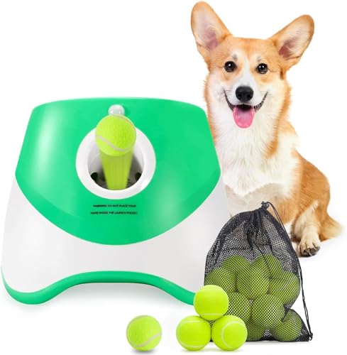MEKAPLE Automatic Dog Ball Launcher, Dog Ball Thrower with 15 Mini Tennis Balls Sizing 2 Inch and Mesh Bag, Interactive Dog Toys Tennis Ball Launcher for Small Dogs with 3 Distance Settings - color: Green