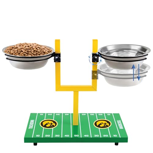 NCAA Iowa Hawkeyes Goalpost Football Field Dog Feeder – Adjustable Elevated Dog Bowls with Stand, 2 Stainless Steel Bowls, Non-Slip Rubber Feet, Raised Pet Feeder for Large & Small Dogs - color: Iowa Hawkeyes