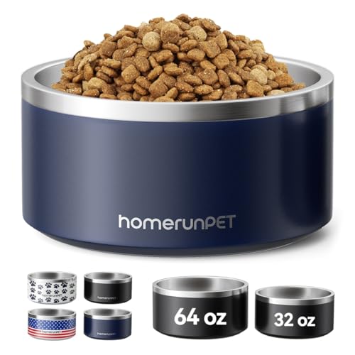 HomeRunPet Dog Bowls, Durable Dishwasher Safe Double Wall Metal Insulated Stainless Steel Food Water Bowls with Non-Slip Rubber Base, Ideal for Small Medium and Large Dogs (32oz, Navy) - color: Navy