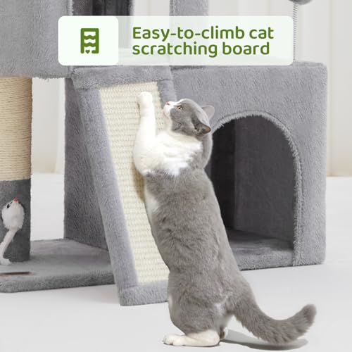 Woochpet 24inch Tall Cat Tree with 2 Cat Condo and Mouse Toy Cozy Small Cat Tower with Scratching Post and Board for Kitties and Small Cats.（Light Grey） (22 * 13 * 28) - size: 22*13*28