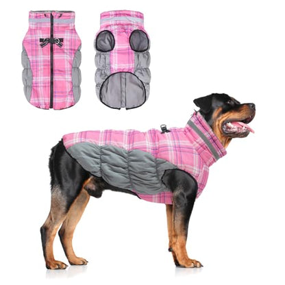 BEAUTYZOO Dog Winter Coat with Harness Built in, Reflective Plaid Puffer Vest Waterproof for Large Dogs, Fleece Warm Puppy Zipped Jacket with D Ring, Pet Cold Weather Sweater Clothes, Pink L - color: Pink, size: Large