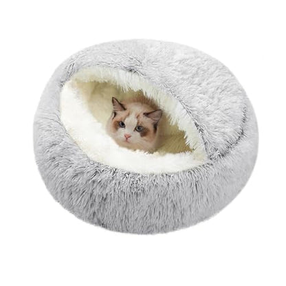 SUOXU Cat Beds for Indoor Cats,Plush Hooded Cat Cave for Puppy Kitty Small Dog Bed,Removable Washable Non-Slip Bottom Self Warming Round Fluffy Faux Fur Super Soft Calming Sleeping Pet Bed(Gray) - color: Grey