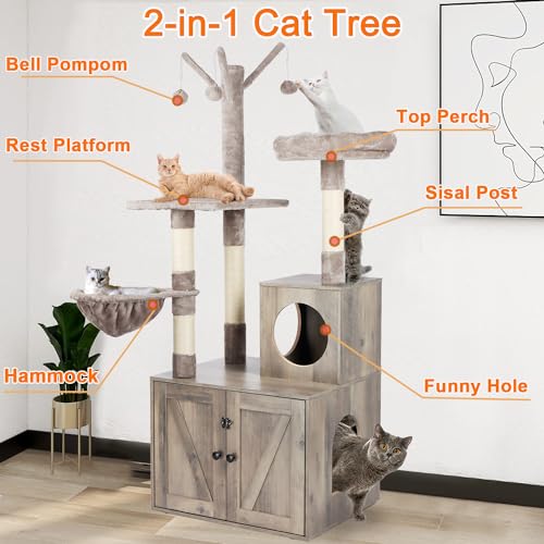 Timberer Litter Box Enclosure with Cat Tree, 2-in-1 Cat Tree Tower, Hidden Cat Litter Box Furniture with Scratching Post, Modern Cat Condo, Grey - color: Grey