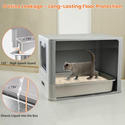 Stainless Steel Cat Litter Box with Lid and Drawer, Enclosed XXL Litter Box for Large Cats Includes Litter Mat & Scoop - size: enclosed