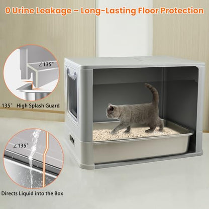 Stainless Steel Cat Litter Box with Lid and Drawer, Enclosed XXL Litter Box for Large Cats Includes Litter Mat & Scoop - size: enclosed