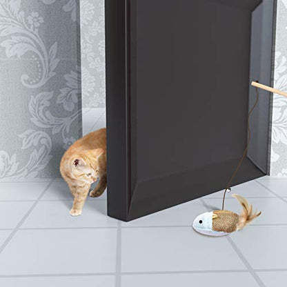 3-Piece Natural Wooden Cat Teaser Wand Toy Kit with 5 Silvervine Sticks and Elastic String Cat Pole Toy with Bell and Feather - color: Brown-3 Pcs linen style