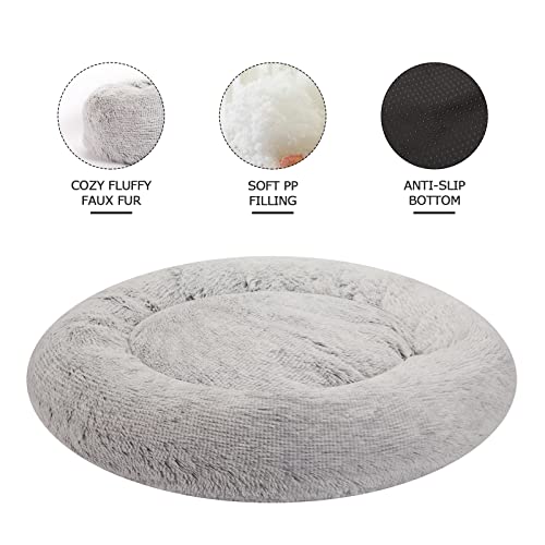 Bedfolks Calming Donut Dog Bed, 23 Inches Round Fluffy Dog Beds for Small Dogs, Machine Washable Anti-Anxiety Plush Puppy Bed（Light Grey, Small） - color: Light Grey, size: 23.0"L x 23.0"W x 7.0"Th