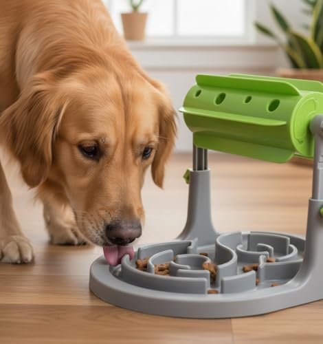 Interactive Dog & Cat Food Puzzle Toy - Treat Boredom Dispensing Slow Feeder - Anxiety IQ Training in Smart Feeding and Adjustable Height for Small/Medium Dogs - color: Green Puzzle Feeder