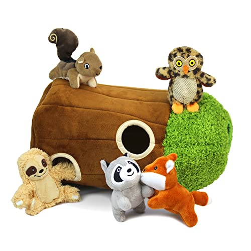 Hide and Seek Dog Puzzle Puppy Toys, Interactive Squeaky Plush, Stuffed Toys for Dogs (Sheep, Panda, Forest Animals) (Tree Hole Mix Large)