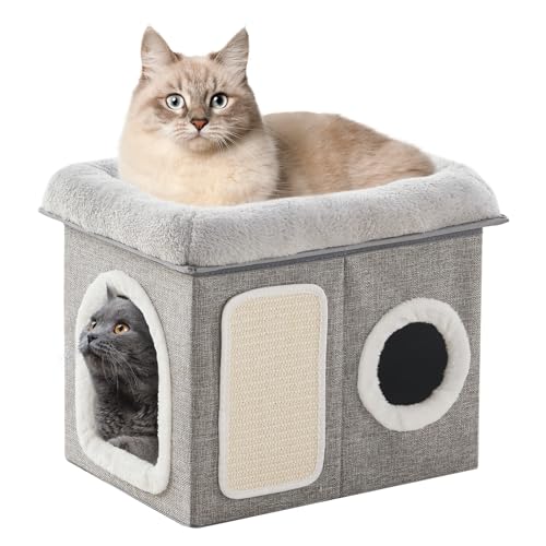 WINDRACING Cat Beds for Indoor Cats - Cat House for Pet and Foldable Cat Cave Bed with Scratch Pad, Cat Hideaway Condo for Kitten, 16.9x12.8x14.2 inches, Light Grey - color: Light Grey, size: 16.9x12.8x14.2