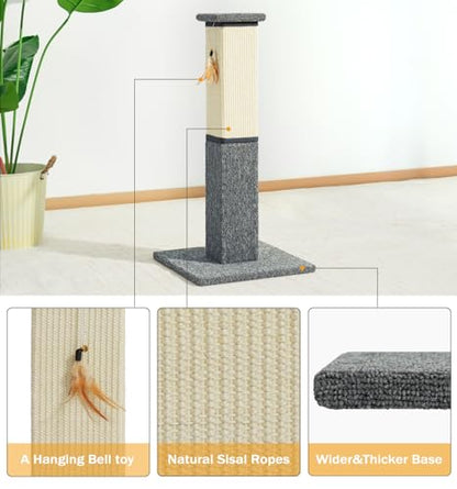 Made4Pets Cat Scratching Post, 32 Inch Natural Sisal & Carpet Covered Cat Scratcher with Kitten Toy, Dual-Material Tall Scratching Post for Indoor Cats Adults and Kittens, Beige - color: Grey-Sisal & Carpet