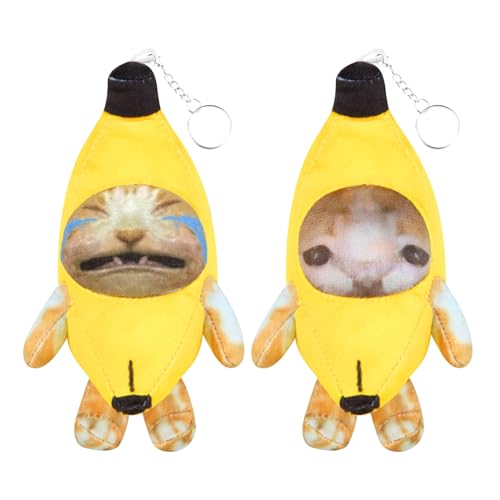 Upgraded Banana Cat Plush, 2 Pack, 7 Inch, Crying, Funny Keychain with 4 Sound for Kids Adult