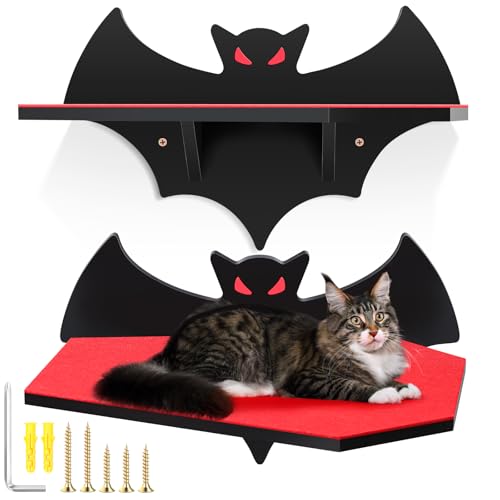 Gemscream Cat Shelves for Wall, Halloween Bat Floating Gothic Bed with Coffin Scratching Board Cat Wall Tree Can Load Bearing up to 30 Lbs/ 14 kg