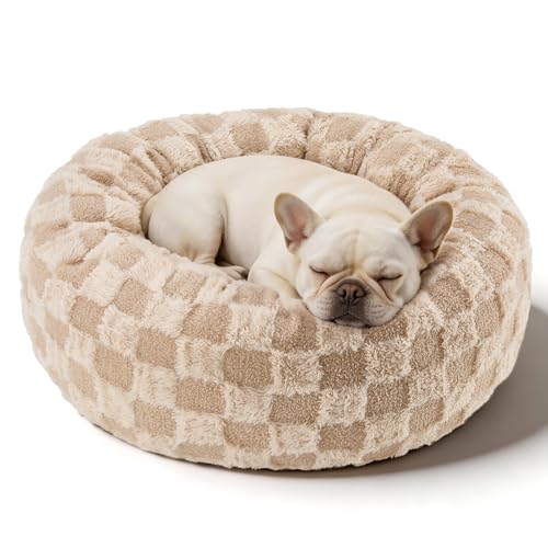 Dog Calming Beds for Small Medium Large Dogs - Round Donut Washable Puppy Dog Bed, Anti-Slip Faux Fur Fluffy Donut Cuddle Anxiety Cat Pet Bed (28" Grid) - color: Grid, size: 28"L x 28"W x 8"Th