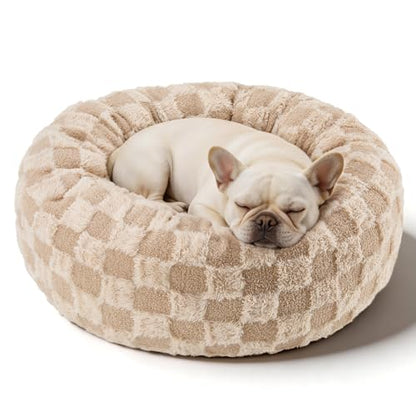 Dog Calming Beds for Small Medium Large Dogs - Round Donut Washable Puppy Dog Bed, Anti-Slip Faux Fur Fluffy Donut Cuddle Anxiety Cat Pet Bed (28" Grid) - color: Grid, size: 28"L x 28"W x 8"Th