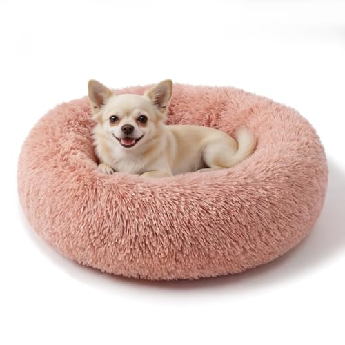 Calming Donut Dogs Beds for Small Dogs Washable,19inch Fluffy Round Puppy Bed for Puppies,Cats & Toy Breeds with Raised Rim,Fits up to 15 lbs Pets,Pink - color: Pink, size: 19 inches
