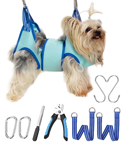 Kkiimatt Dog Grooming Hammock, XXS Dog Hanging Harness Holder for Nail Clipping,Nail Trimming Hammock, Grooming Sling Hanger Restraint Bag with Wide Strap Sewed - color: XX-Small 7 LB Max/Turquoise
